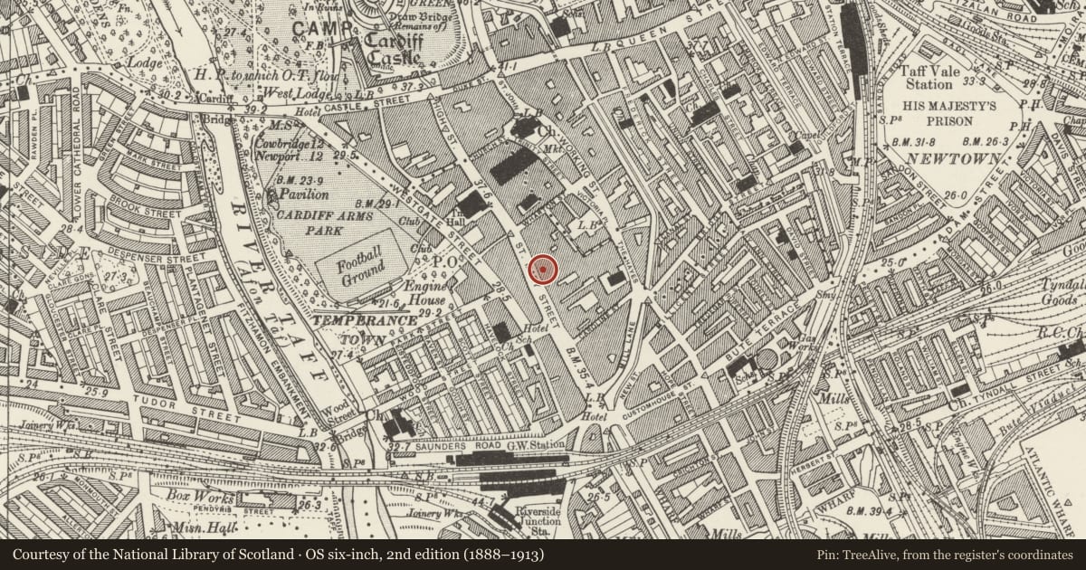 Ordnance Survey six-inch map, 2nd edition (1888–1913) covering the location of Lunn Poly, Castle, Cardiff, with a pin at the register's coordinates