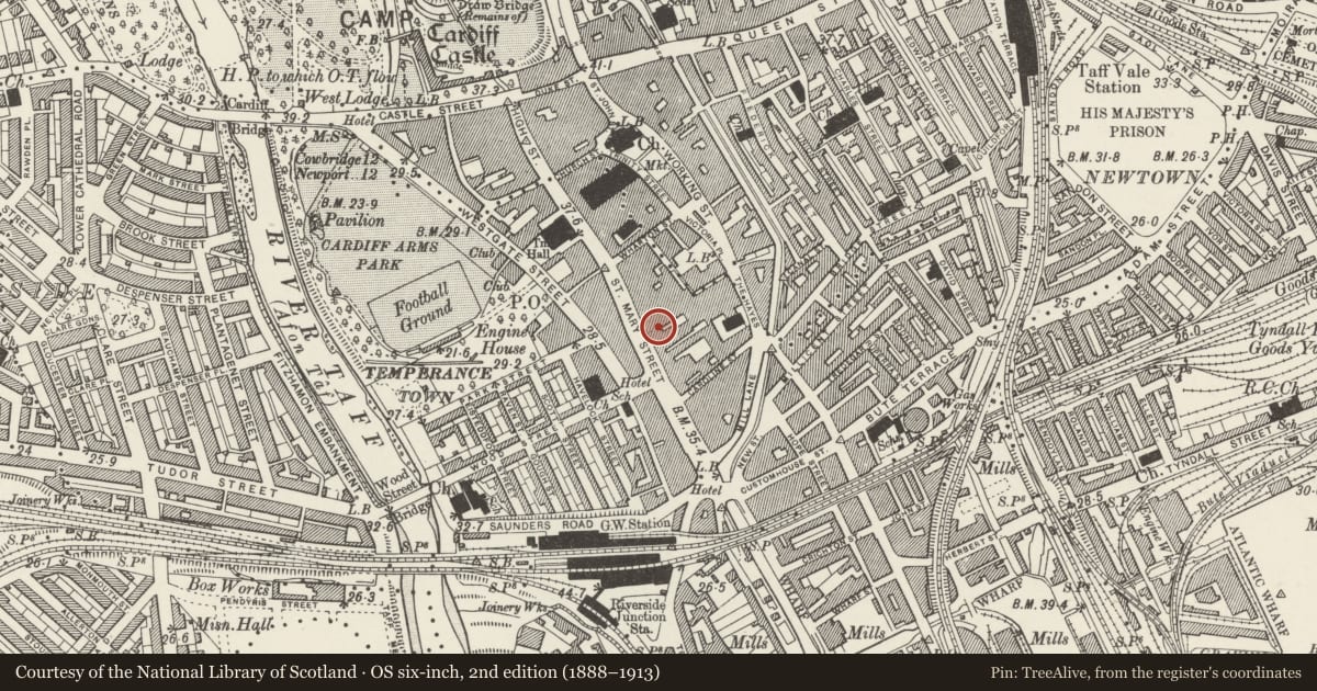 Ordnance Survey six-inch map, 2nd edition (1888–1913) covering the location of David Morgan, Castle, Cardiff, with a pin at the register's coordinates