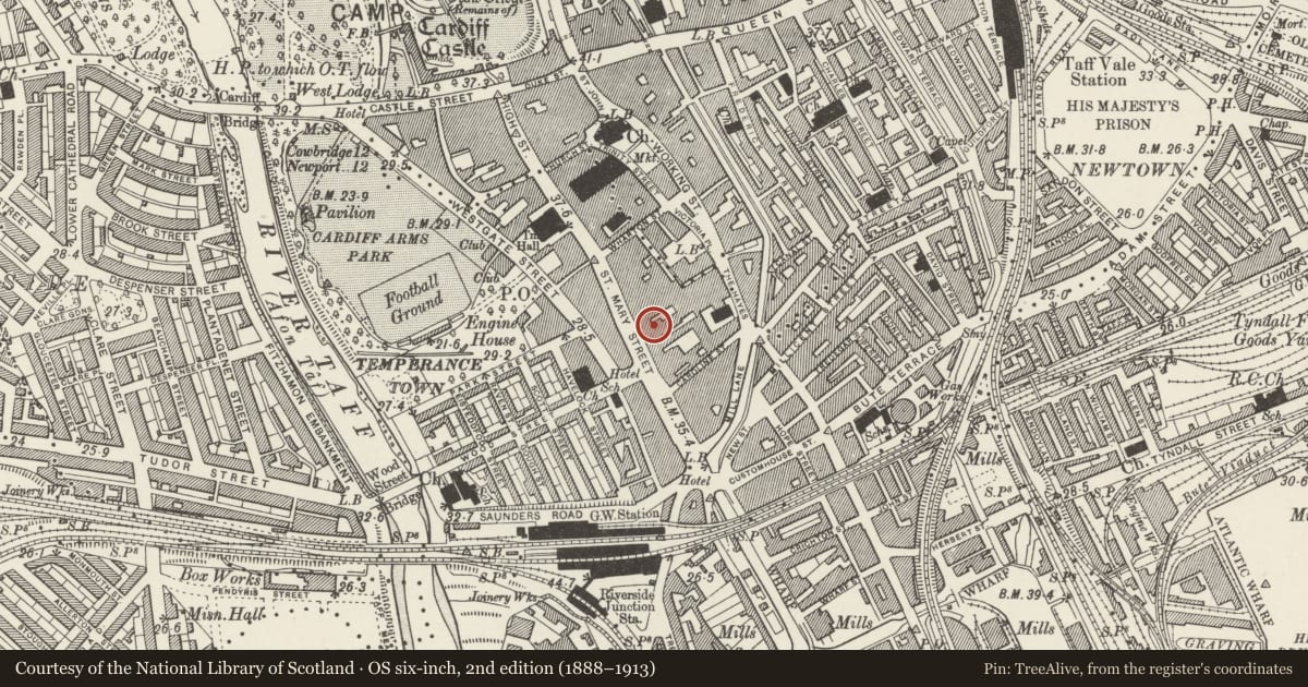 Ordnance Survey six-inch map, 2nd edition (1888–1913) covering the location of Blackwells, Castle, Cardiff, with a pin at the register's coordinates