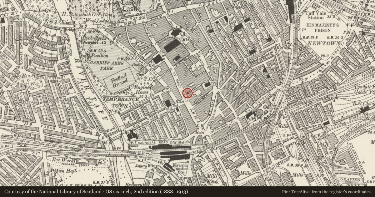 Ordnance Survey six-inch map, 2nd edition (1888–1913) covering the location of 40 & 41, Castle, Cardiff, with a pin at the register's coordinates