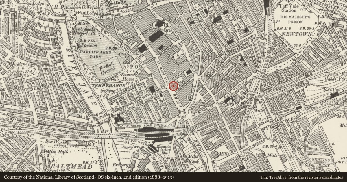 Ordnance Survey six-inch map, 2nd edition (1888–1913) covering the location of 47&48 St Mary Street, Castle, Cardiff, with a pin at the register's coordinates