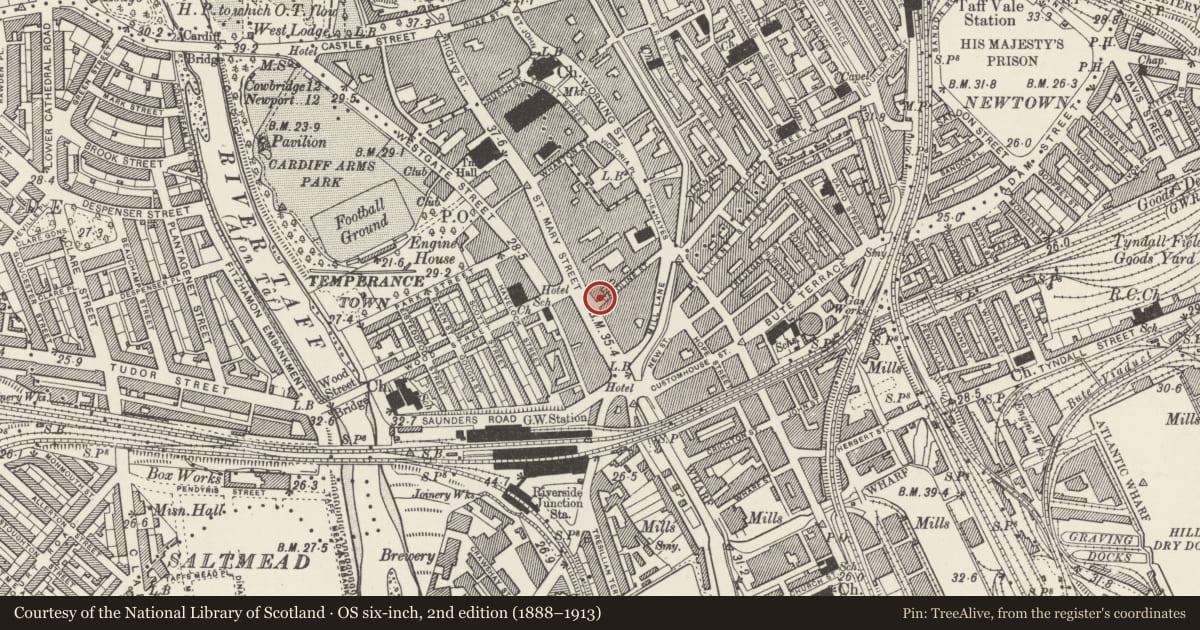 Ordnance Survey six-inch map, 2nd edition (1888–1913) covering the location of Mulligan's (former Cambrian Hotel), Castle, Cardiff, with a pin at the register's coordinates