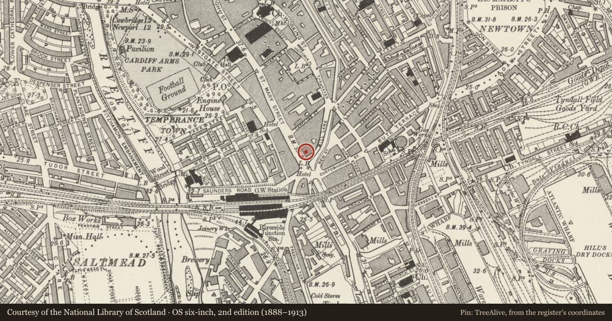 Ordnance Survey six-inch map, 2nd edition (1888–1913) covering the location of 62 St Mary Street, Castle, Cardiff, with a pin at the register's coordinates