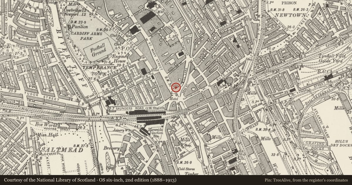 Ordnance Survey six-inch map, 2nd edition (1888–1913) covering the location of Sam's Public House (former Terminus Hotel), Castle, Cardiff, with a pin at the register's coordinates
