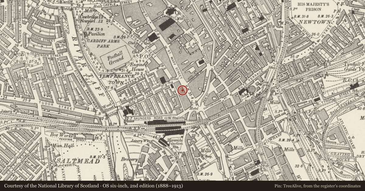 Ordnance Survey six-inch map, 2nd edition (1888–1913) covering the location of The Philharmonic Hotel, Castle, Cardiff, with a pin at the register's coordinates