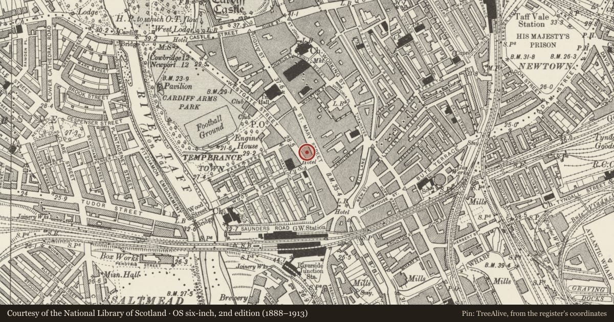 Ordnance Survey six-inch map, 2nd edition (1888–1913) covering the location of Royal Hotel, Castle, Cardiff, with a pin at the register's coordinates