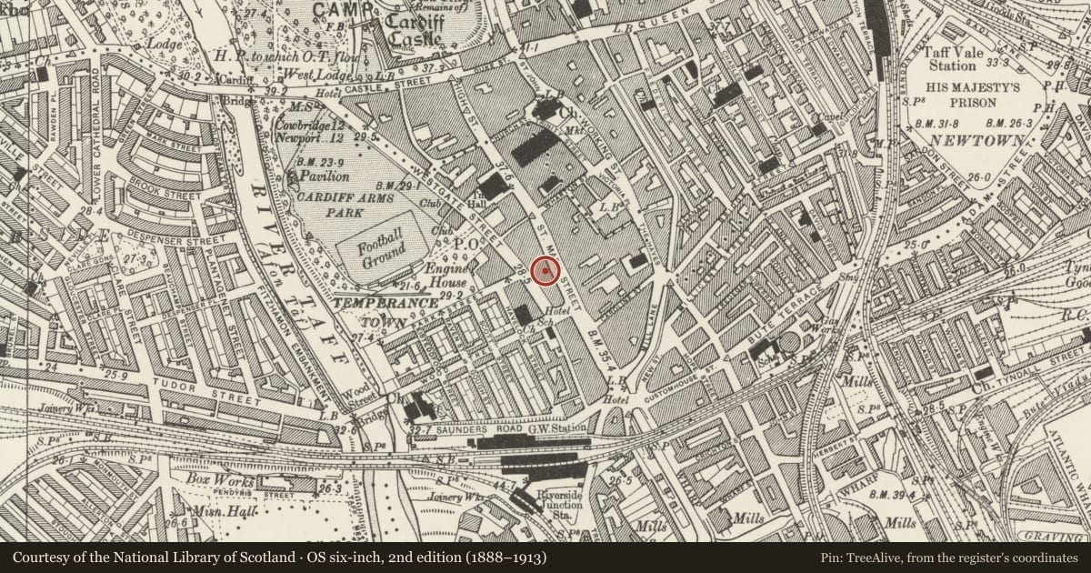 Ordnance Survey six-inch map, 2nd edition (1888–1913) covering the location of 90 St Mary Street, Castle, Cardiff, with a pin at the register's coordinates