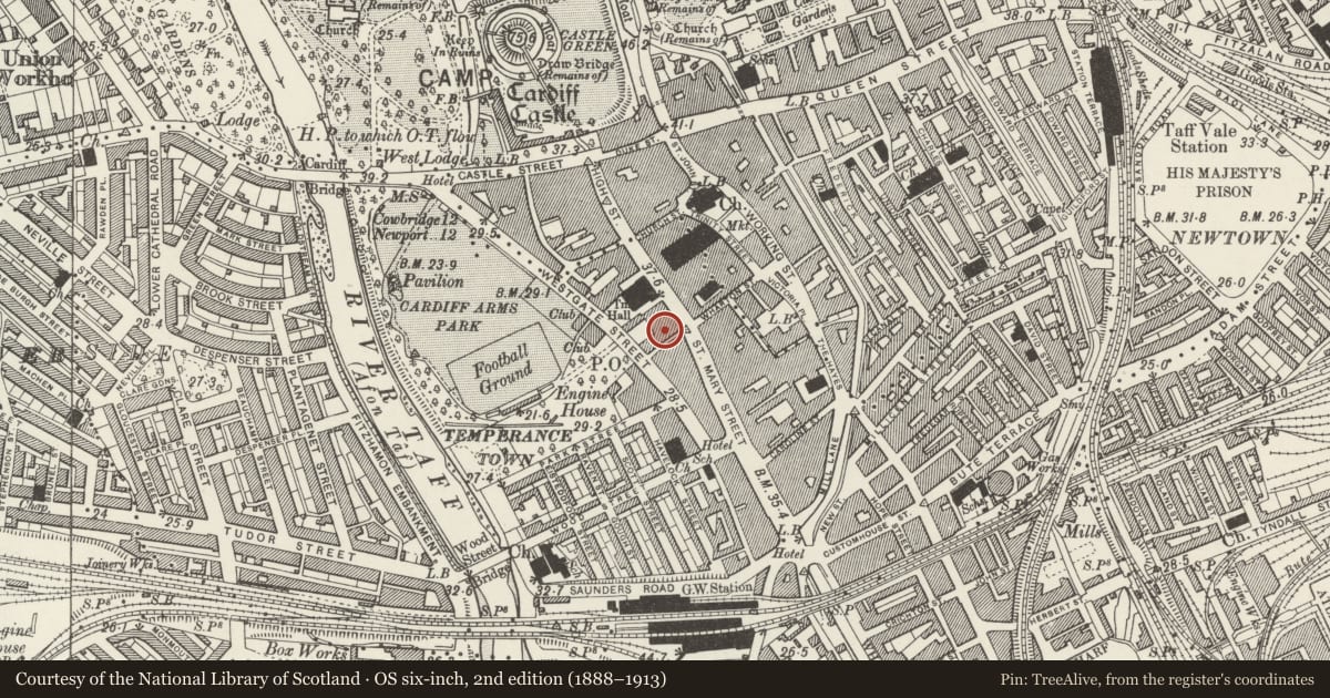 Ordnance Survey six-inch map, 2nd edition (1888–1913) covering the location of Elgin House, Castle, Cardiff, with a pin at the register's coordinates
