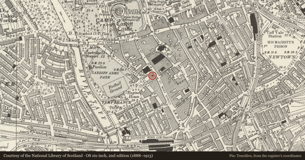Ordnance Survey six-inch map, 2nd edition (1888–1913) covering the location of Sportshoe, Castle, Cardiff, with a pin at the register's coordinates