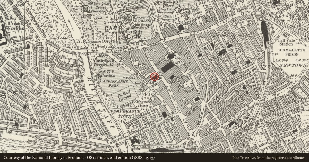 Ordnance Survey six-inch map, 2nd edition (1888–1913) covering the location of Hodge House, Castle, Cardiff, with a pin at the register's coordinates