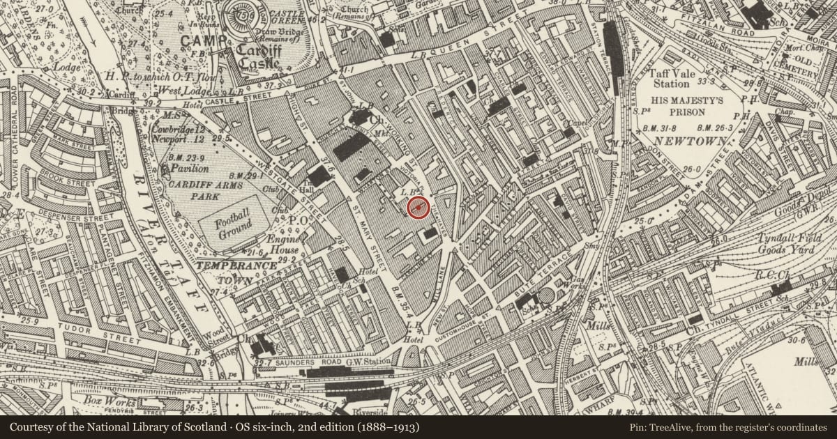 Ordnance Survey six-inch map, 2nd edition (1888–1913) covering the location of David Morgan Department Store, Castle, Cardiff, with a pin at the register's coordinates