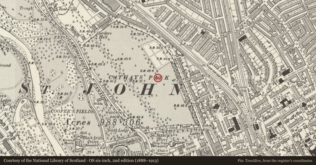 Ordnance Survey six-inch map, 2nd edition (1888–1913) covering the location of Public Conveniences, Castle, Cardiff, with a pin at the register's coordinates