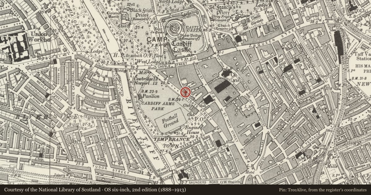 Ordnance Survey six-inch map, 2nd edition (1888–1913) covering the location of Glamorgan Staff Club, Castle, Cardiff, with a pin at the register's coordinates