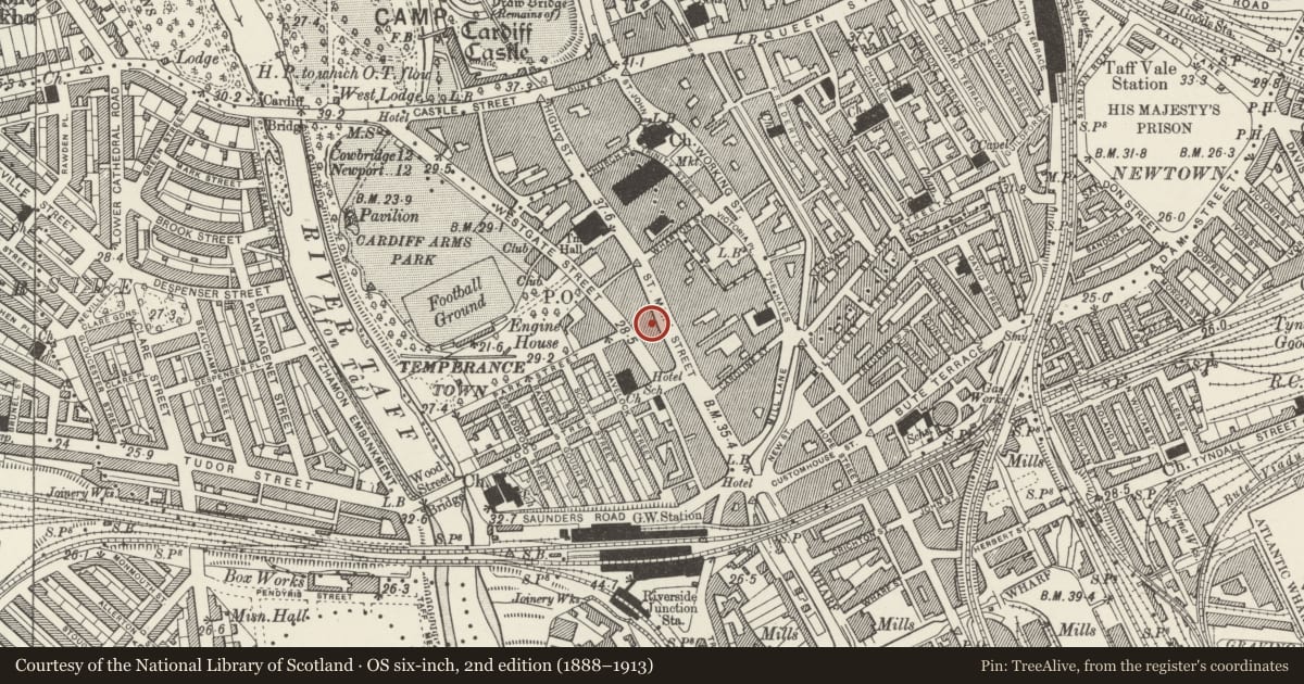 Ordnance Survey six-inch map, 2nd edition (1888–1913) covering the location of 91 St Mary Street, Castle, Cardiff, with a pin at the register's coordinates