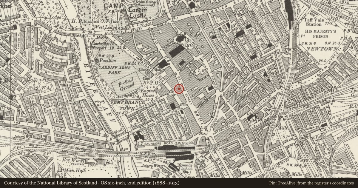 Ordnance Survey six-inch map, 2nd edition (1888–1913) covering the location of Hullaballoos, Castle, Cardiff, with a pin at the register's coordinates