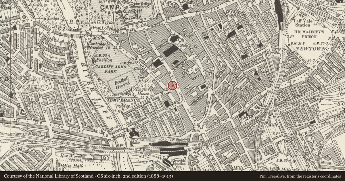 Ordnance Survey six-inch map, 2nd edition (1888–1913) covering the location of Monroe's, Castle, Cardiff, with a pin at the register's coordinates