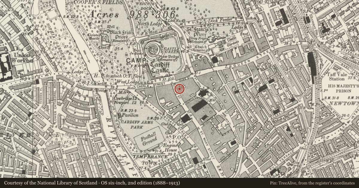 Ordnance Survey six-inch map, 2nd edition (1888–1913) covering the location of Bella Pasta, Castle, Cardiff, with a pin at the register's coordinates