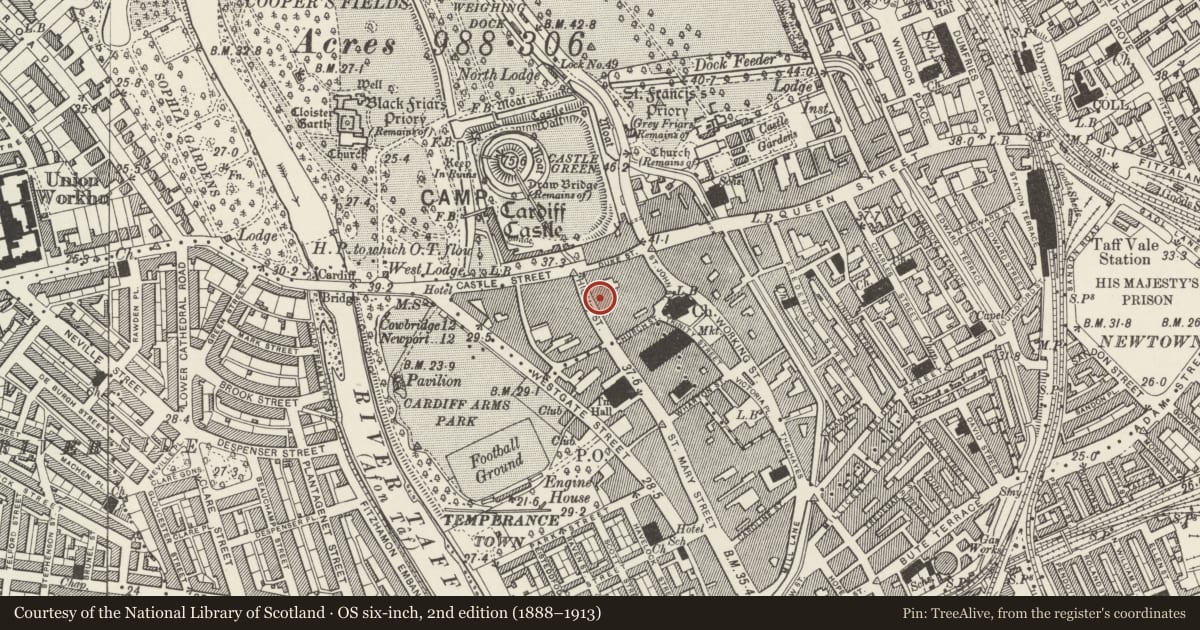 Ordnance Survey six-inch map, 2nd edition (1888–1913) covering the location of High & Mighty, Castle, Cardiff, with a pin at the register's coordinates