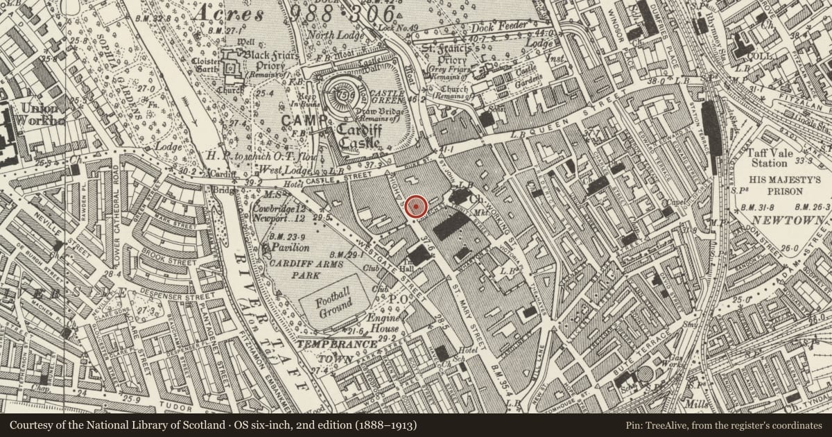 Ordnance Survey six-inch map, 2nd edition (1888–1913) covering the location of 13 & 14 Kitchens, Castle, Cardiff, with a pin at the register's coordinates