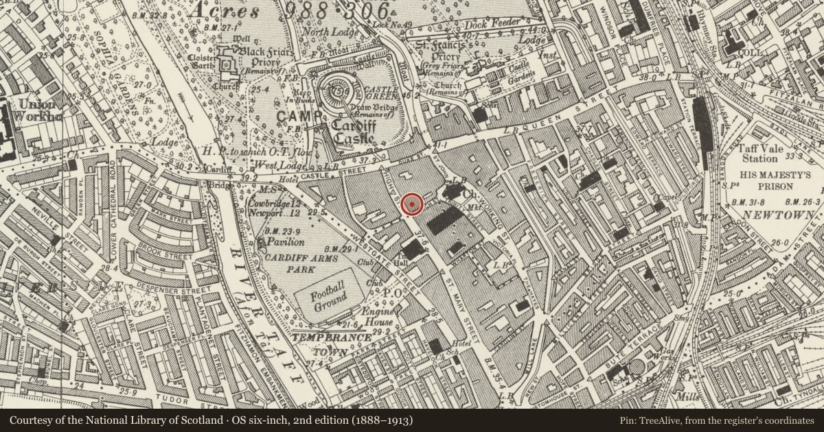 Ordnance Survey six-inch map, 2nd edition (1888–1913) covering the location of Select, Castle, Cardiff, with a pin at the register's coordinates