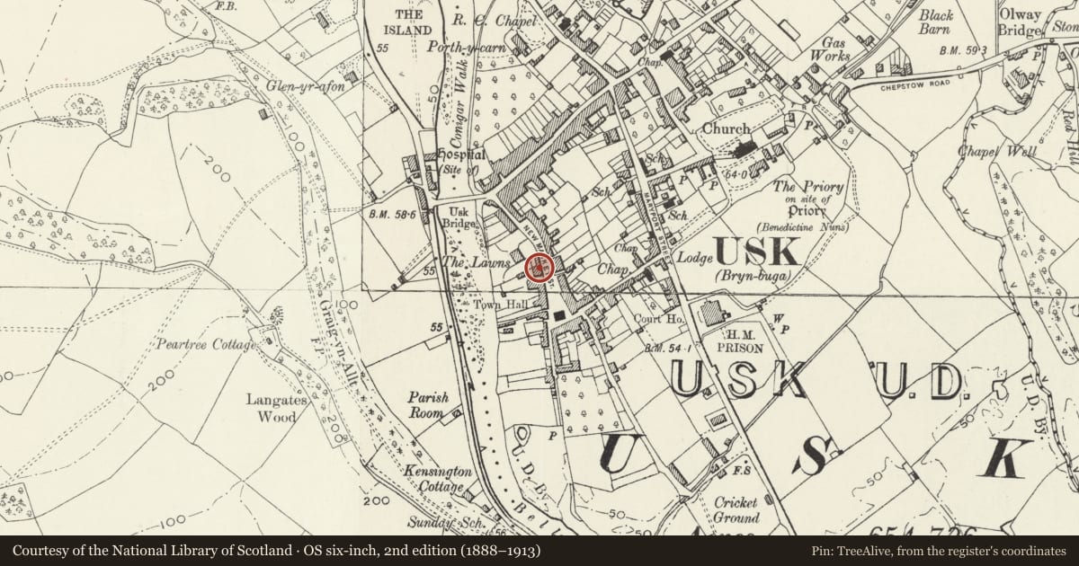 Ordnance Survey six-inch map, 2nd edition (1888–1913) covering the location of 18 New market Street, Usk, Monmouthshire, with a pin at the register's coordinates