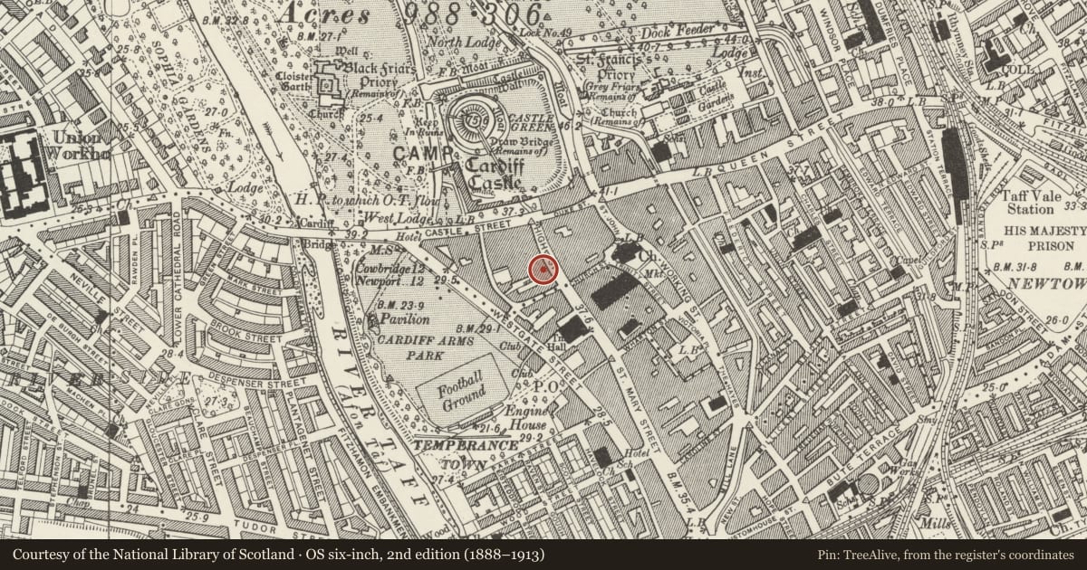 Ordnance Survey six-inch map, 2nd edition (1888–1913) covering the location of Floyd, Castle, Cardiff, with a pin at the register's coordinates