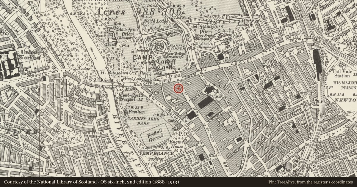 Ordnance Survey six-inch map, 2nd edition (1888–1913) covering the location of Pizza Hut, Castle, Cardiff, with a pin at the register's coordinates
