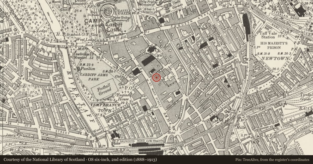 Ordnance Survey six-inch map, 2nd edition (1888–1913) covering the location of Borough Chambers, Castle, Cardiff, with a pin at the register's coordinates