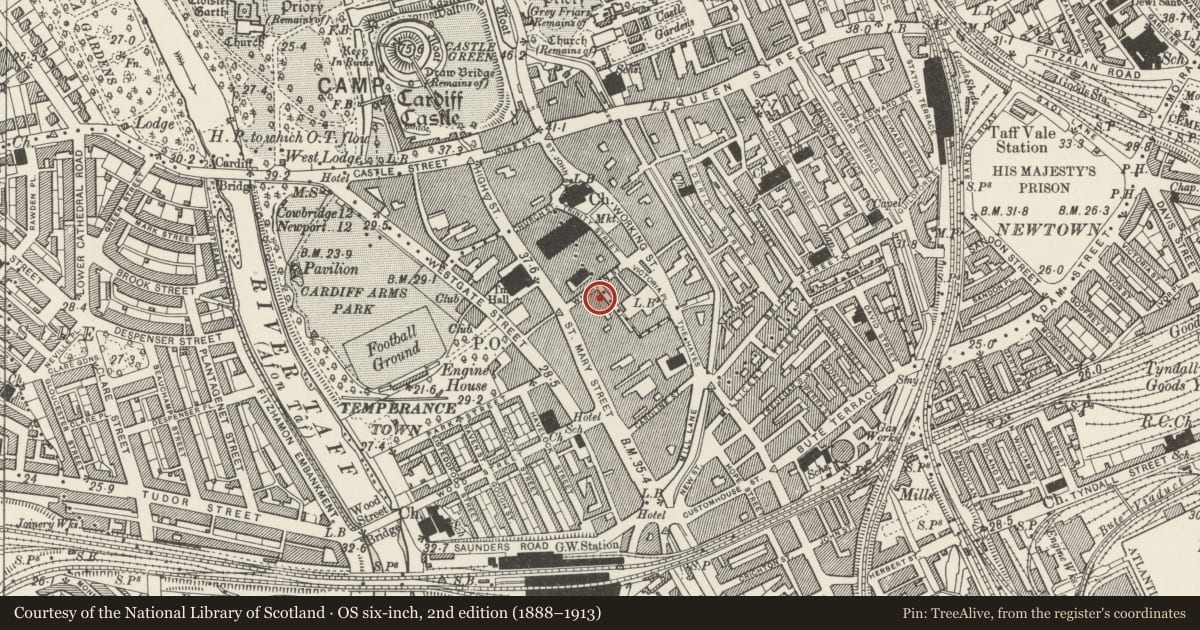 Ordnance Survey six-inch map, 2nd edition (1888–1913) covering the location of Newt & Cucumber, Castle, Cardiff, with a pin at the register's coordinates