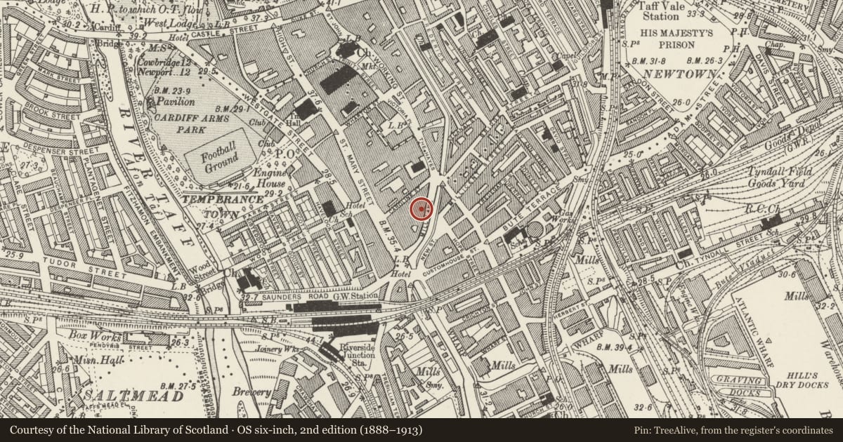 Ordnance Survey six-inch map, 2nd edition (1888–1913) covering the location of Former Perkins Bros. Warehouses, 11 Mill Lane, Castle, Cardiff, with a pin at the register's coordinates