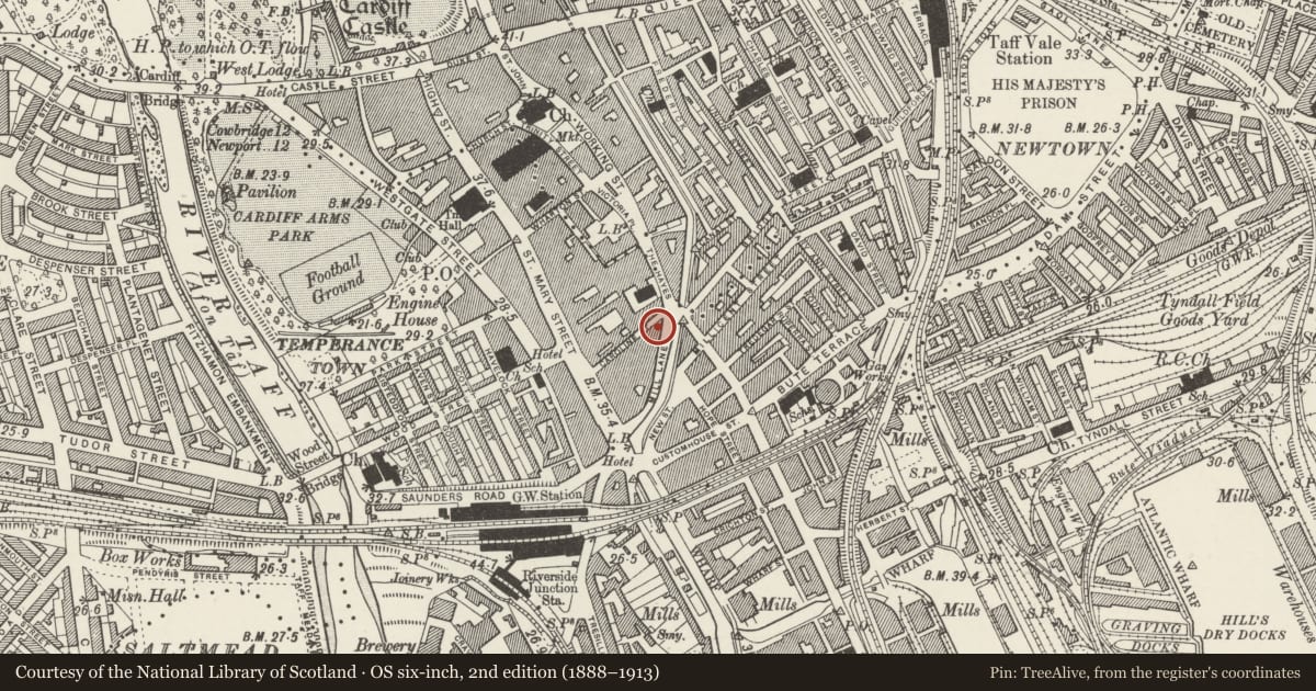 Ordnance Survey six-inch map, 2nd edition (1888–1913) covering the location of King's Cross Public House, Castle, Cardiff, with a pin at the register's coordinates