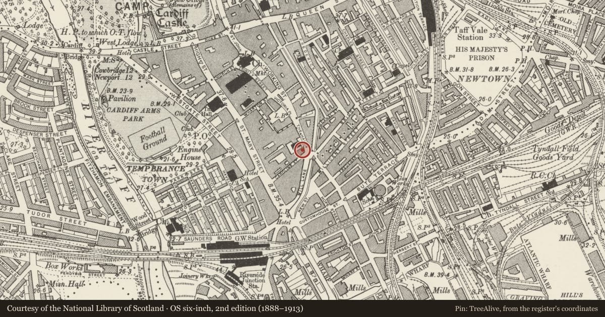 Ordnance Survey six-inch map, 2nd edition (1888–1913) covering the location of Wellington's Cafe Bar, Castle, Cardiff, with a pin at the register's coordinates