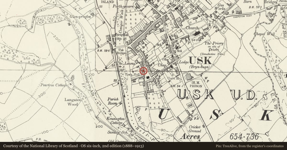 Ordnance Survey six-inch map, 2nd edition (1888–1913) covering the location of Ynys Hafod, Usk, Monmouthshire, with a pin at the register's coordinates