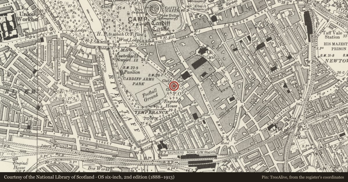 Ordnance Survey six-inch map, 2nd edition (1888–1913) covering the location of Former County Club, Castle, Cardiff, with a pin at the register's coordinates