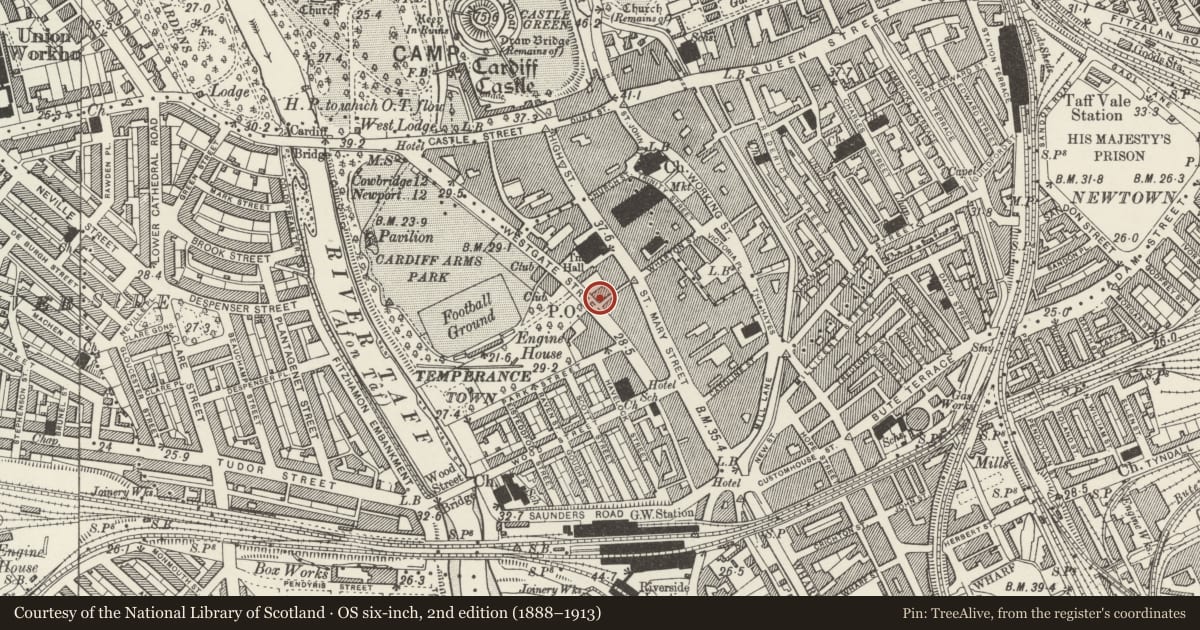Ordnance Survey six-inch map, 2nd edition (1888–1913) covering the location of Flyhalf & Firkin, Castle, Cardiff, with a pin at the register's coordinates