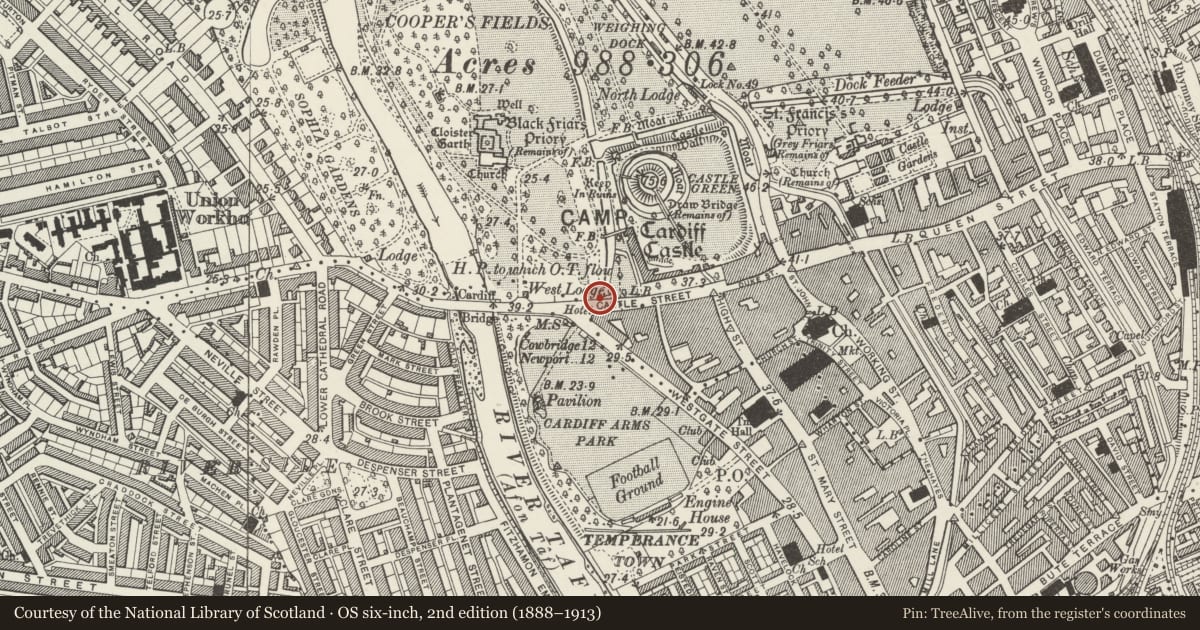 Ordnance Survey six-inch map, 2nd edition (1888–1913) covering the location of Animal Wall, and Gates near Clock Tower, Castle, Cardiff, with a pin at the register's coordinates