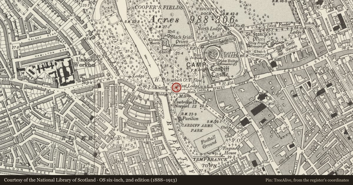 Ordnance Survey six-inch map, 2nd edition (1888–1913) covering the location of West Lodge to Cardiff Castle, including attached Walls & Gateway, Cardiff, with a pin at the register's coordinates