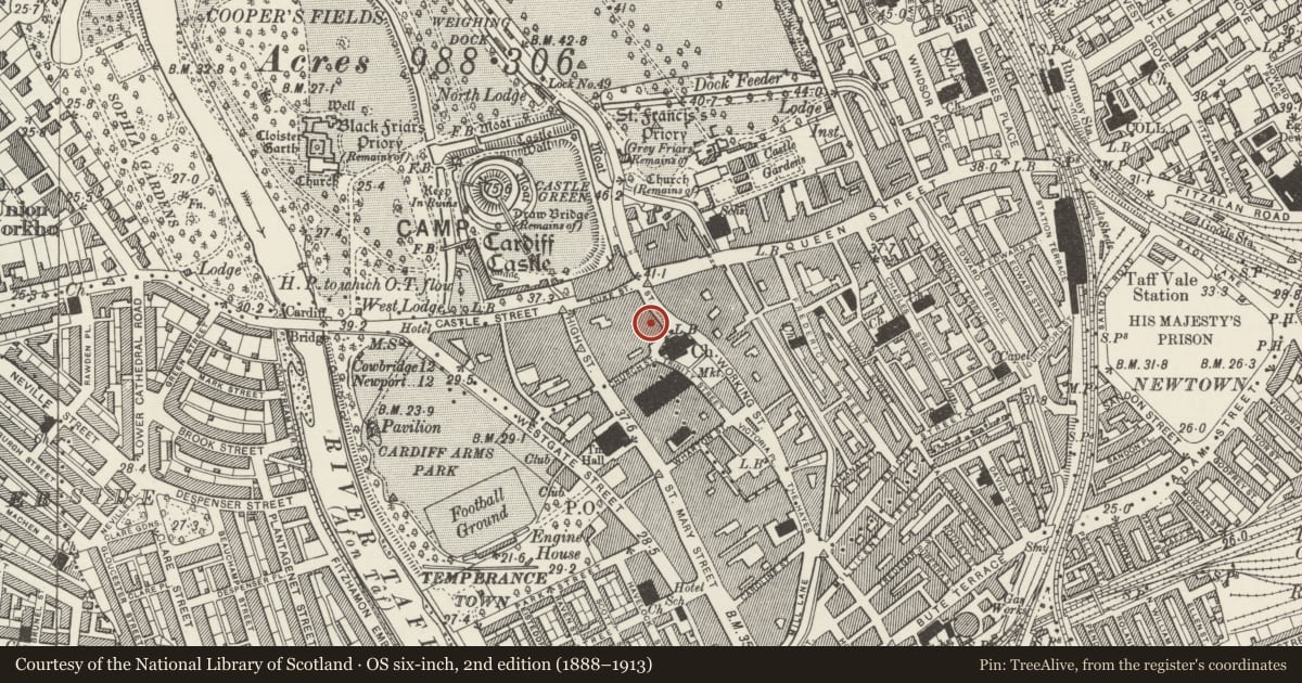 Ordnance Survey six-inch map, 2nd edition (1888–1913) covering the location of Wimpey, Castle, Cardiff, with a pin at the register's coordinates