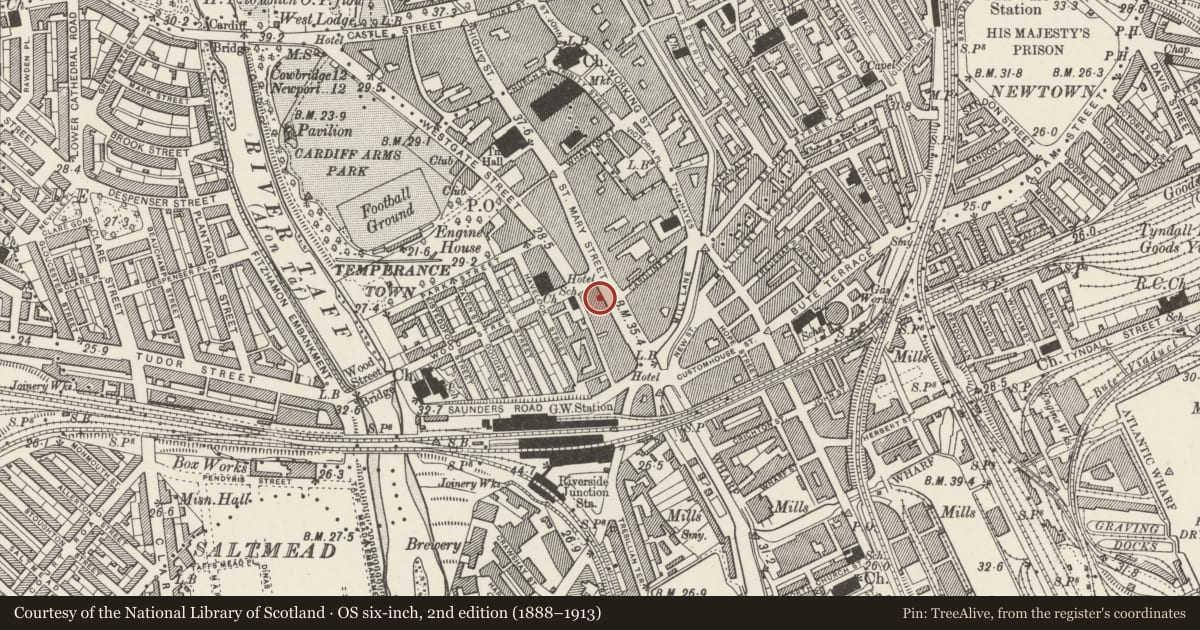 Ordnance Survey six-inch map, 2nd edition (1888–1913) covering the location of 81 St Mary Street, Castle, Cardiff, with a pin at the register's coordinates