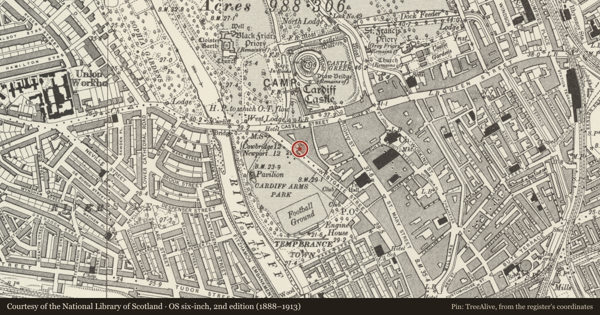 Ordnance Survey six-inch map, 2nd edition (1888–1913) covering the location of Offices of Football Association of Wales, Castle, Cardiff, with a pin at the register's coordinates