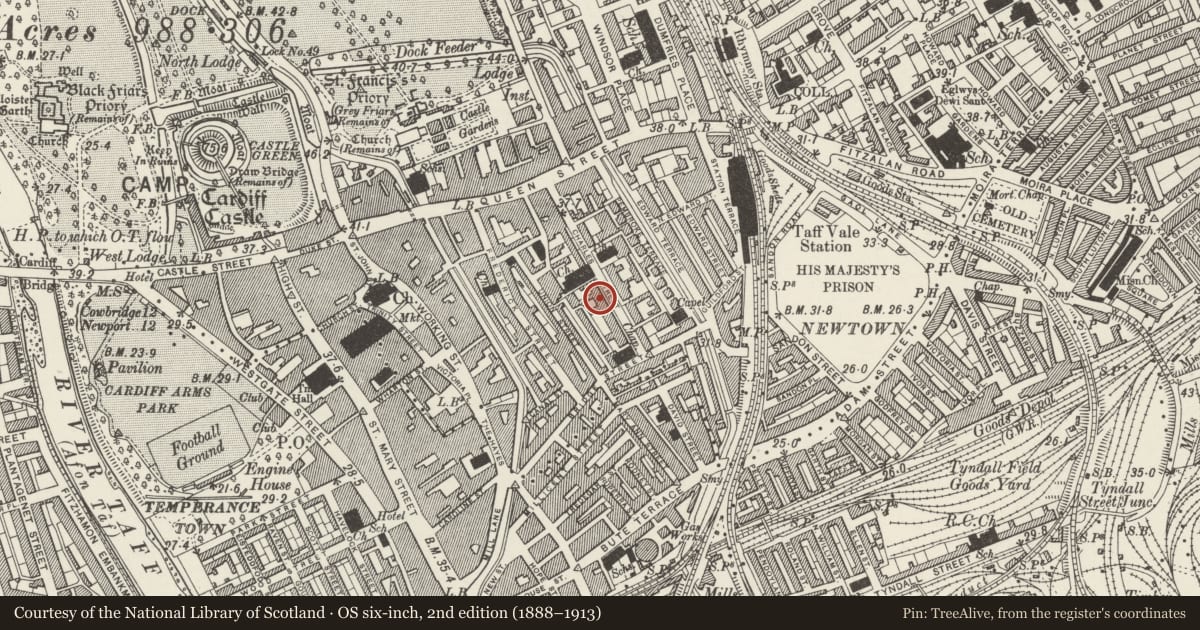 Ordnance Survey six-inch map, 2nd edition (1888–1913) covering the location of 44 Charles Street, Castle, Cardiff, with a pin at the register's coordinates