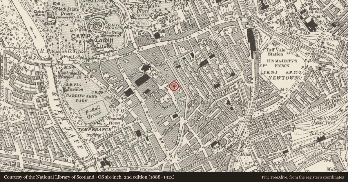 Ordnance Survey six-inch map, 2nd edition (1888–1913) covering the location of Habitat, Castle, Cardiff, with a pin at the register's coordinates