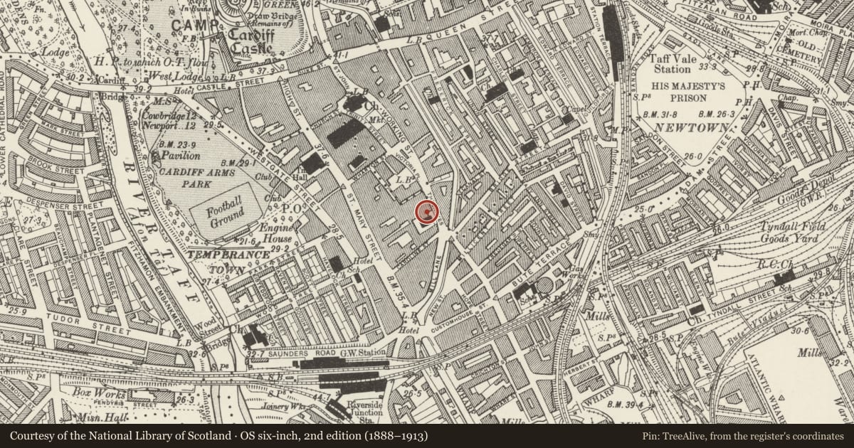 Ordnance Survey six-inch map, 2nd edition (1888–1913) covering the location of 38 The Hayes, Castle, Cardiff, with a pin at the register's coordinates