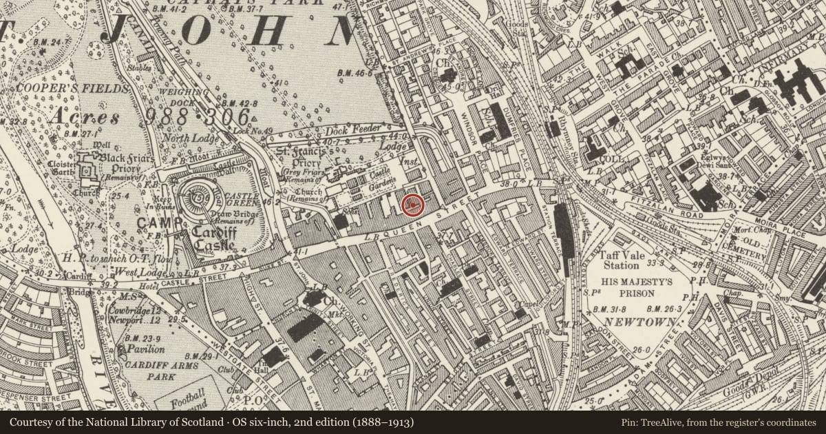 Ordnance Survey six-inch map, 2nd edition (1888–1913) covering the location of Andrews Buildings, Castle, Cardiff, with a pin at the register's coordinates