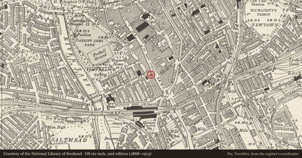 Ordnance Survey six-inch map, 2nd edition (1888–1913) covering the location of 2 Wood Street, Castle, Cardiff, with a pin at the register's coordinates