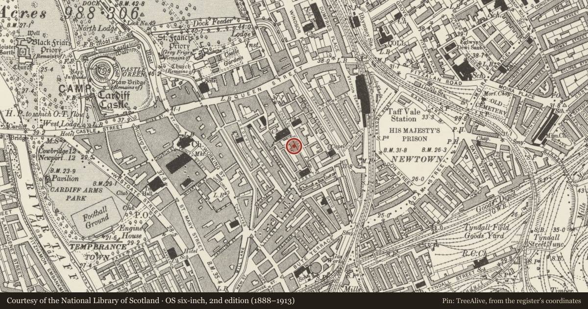 Ordnance Survey six-inch map, 2nd edition (1888–1913) covering the location of Griffiths, Castle, Cardiff, with a pin at the register's coordinates