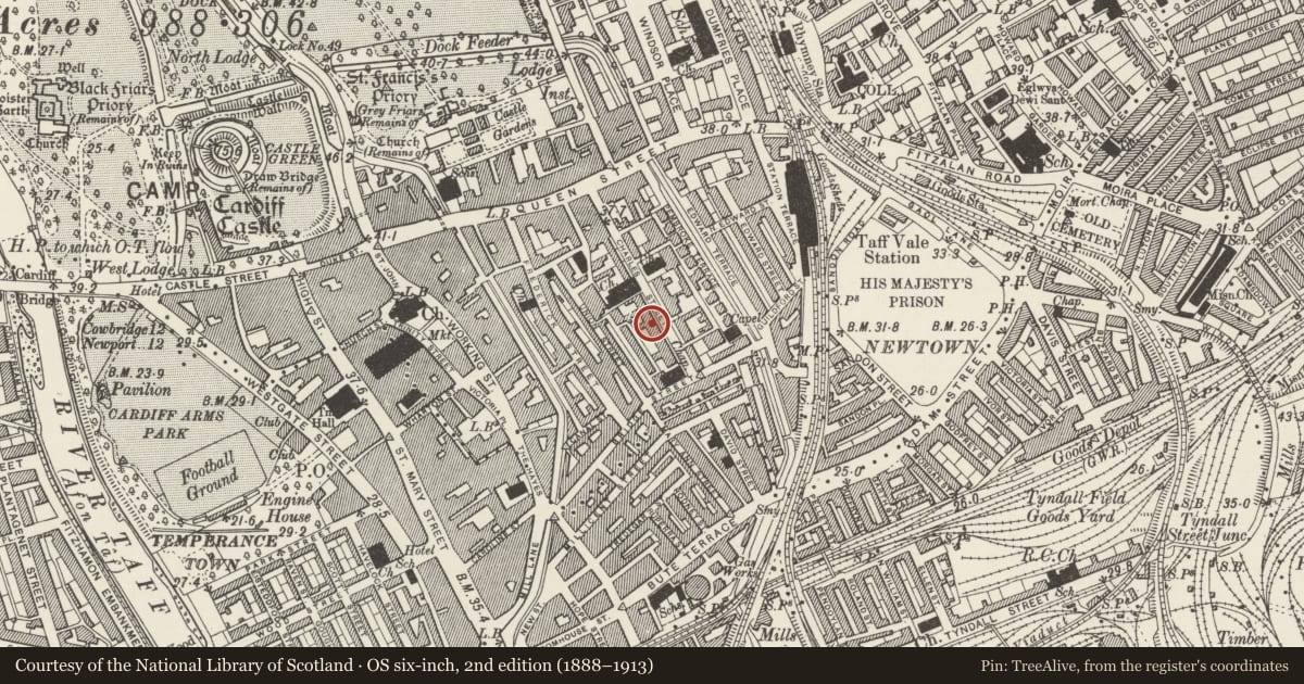 Ordnance Survey six-inch map, 2nd edition (1888–1913) covering the location of Caffe Latte, Castle, Cardiff, with a pin at the register's coordinates