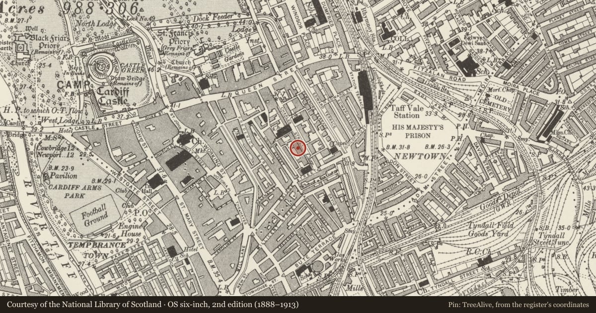 Ordnance Survey six-inch map, 2nd edition (1888–1913) covering the location of 50 Charles Street, Castle, Cardiff, with a pin at the register's coordinates
