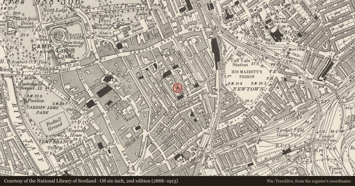 Ordnance Survey six-inch map, 2nd edition (1888–1913) covering the location of 52-62 Charles Street, Castle, Cardiff, with a pin at the register's coordinates