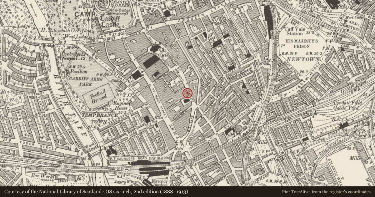 Ordnance Survey six-inch map, 2nd edition (1888–1913) covering the location of Entrance block to Royal Arcade, Castle, Cardiff, with a pin at the register's coordinates